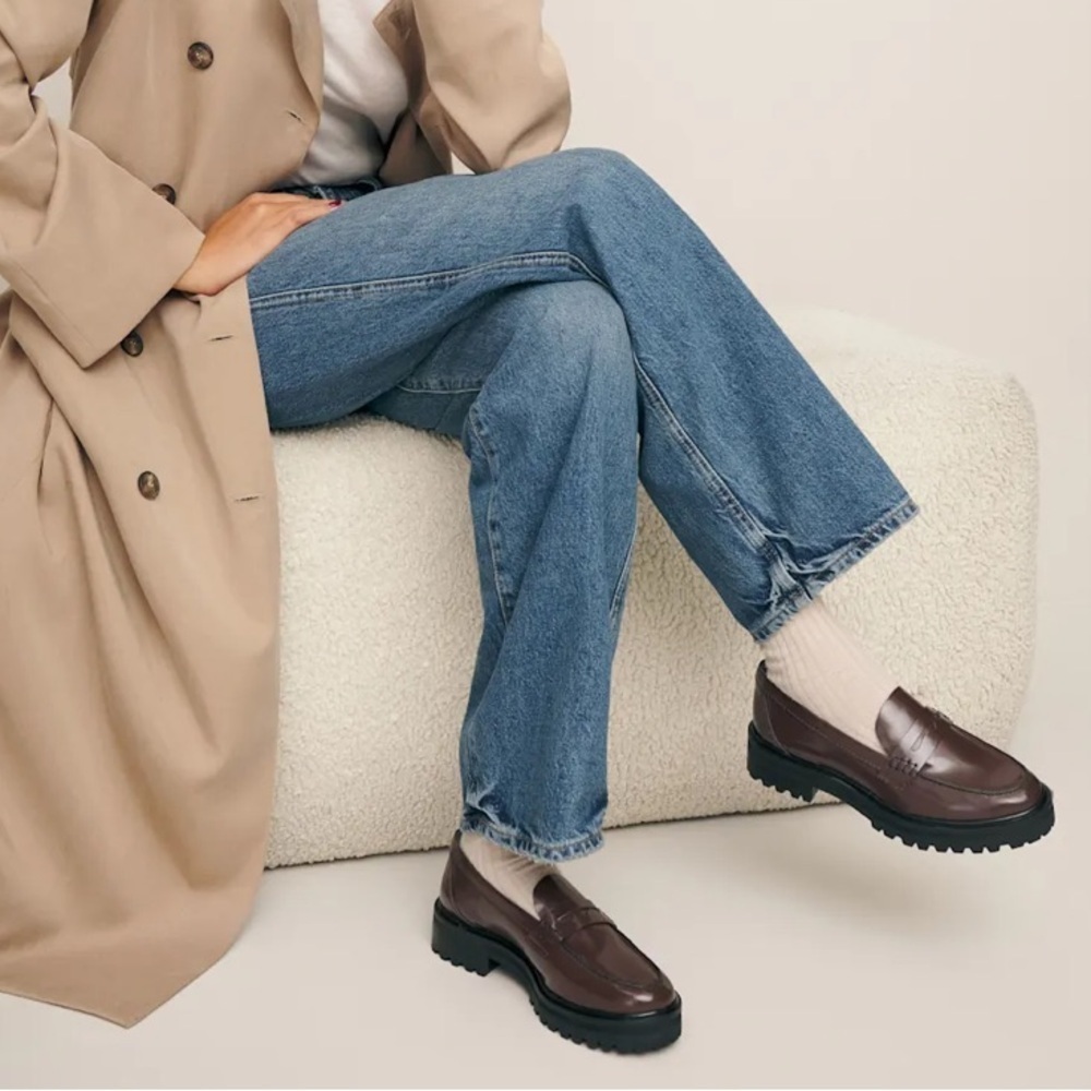 Reformation Agathea Chunky Loafer Leather Patent Shiny Platform Shoes Espresso - Picture 3 of 12